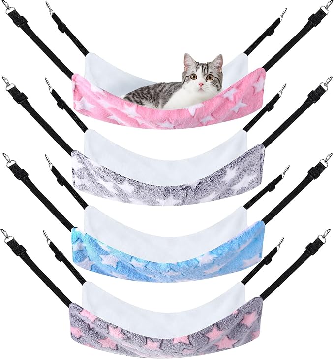 Geelin 4 Pcs Cat Hammock for Cage Soft Hanging Pet Hammock Bed with Adjustable Straps and Metal Hooks Double Sided Bed for Large & Small Cats Ferret Rat Sugar Glider(Large Star,16 x 20 Inch)
