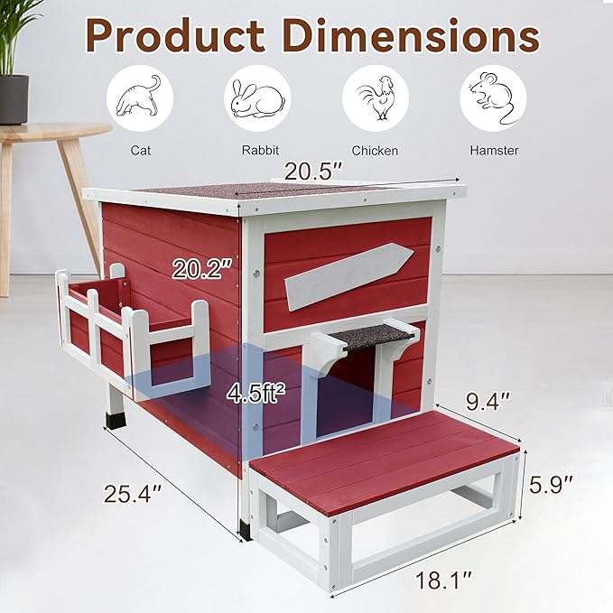 Rockever Outdoor Cat House, Large Outdoor Houses for Feral Cats Wooden Outside Cat Shelter Weatherproof with Escape Door-Red