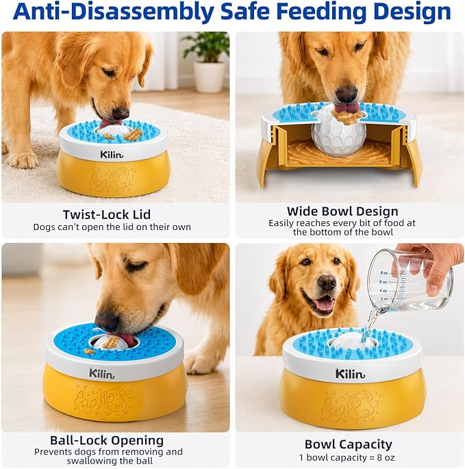 KILIN Dog Lick Bowl Slow Feeder - Non-Spill Dog Enrichment Toys, Lick and Roll Bowl 1 Cup/8 FL OZ, for Dogs with Bone Broth, Yogurt and Wet Puppy Treat, Interactive Licking Ball for Dogs with Anxiety