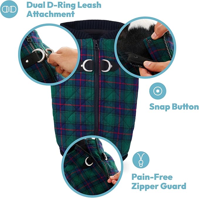 Gooby Fashion Vest Check Dog Jacket - Green Check, Large - Warm Zip Up Bomber Vest with Dual D Ring Leash - Winter Water Resistant Small Dog Sweater