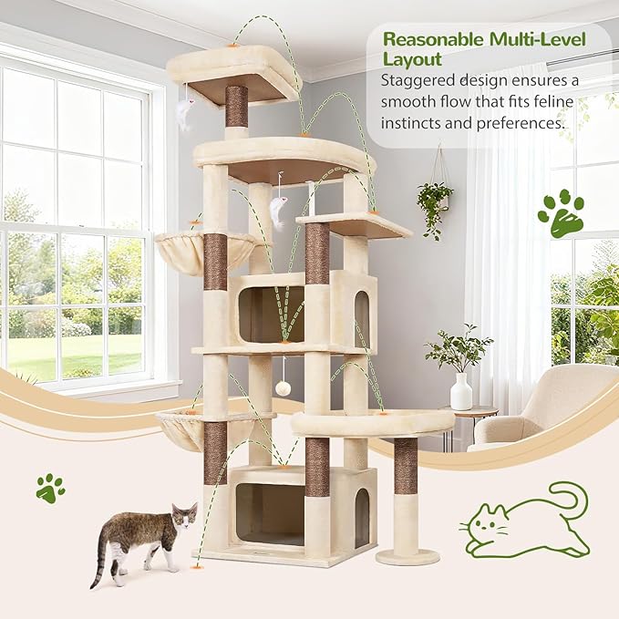 Globlazer 75in Sturdy Cat Tree for Large Cats, Heavy Duty Multi-Level Cat Tower for Indoor Cats with Extended Platform, 2 Spacious Condos, 2 Padded Perches, 6 Sisal Scratching Posts, S75, Beige