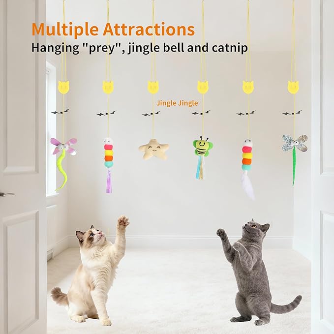 8 Pcs Hanging Cat Teaser Toys, Bird & Mouse Toys with Bird Chirp & Catnip, Bell Feather Toys, Drill-Free Wall Mount for Indoor Kittens and Adult Cats