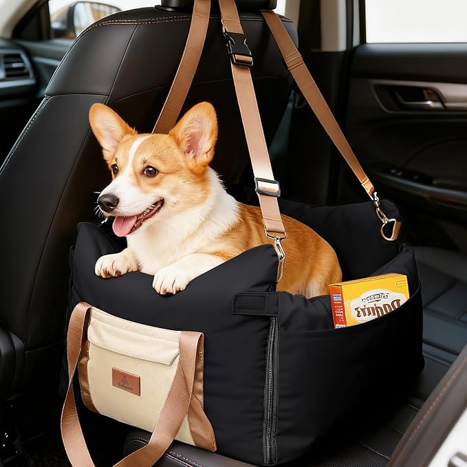Dog Car Seats for Small Dogs, 2-in-1 Pet Booster Seat with Side-Zip Expandable Bed, Handles and a Storage Pocket, Clip-On Safety Leash and PP Cotton Filling, Vehicle Bed for Puppy up to 25 lbs (Black)