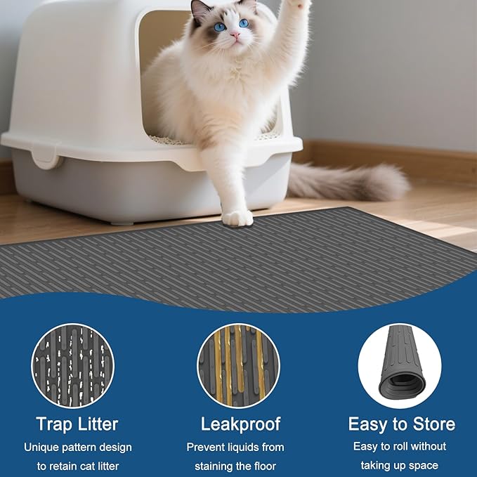 XXL Extra Large Silicone Cat Litter Trapping Mat for Scatter Control, 40"x30"(100cmx75cm) Waterproof Kitty Litter Box mat for Floor, Soft on Kitty Paws, Easy to Clean, Light Gray
