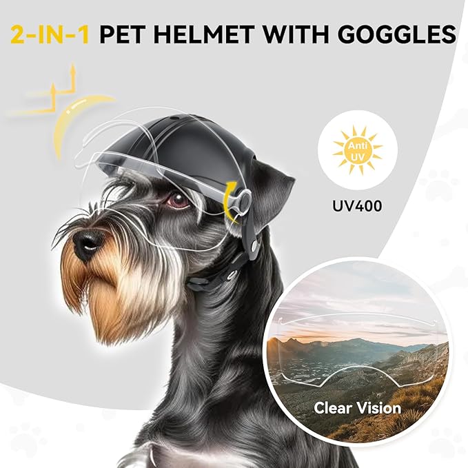 Small Dog Helmet, Pet Motorcycle Helmet with Ear Holes, Adjustable Pet Safety Hat with Flip-Up Clear Visor, Small-Medium Puppy Heads Protection, Non-Spiked