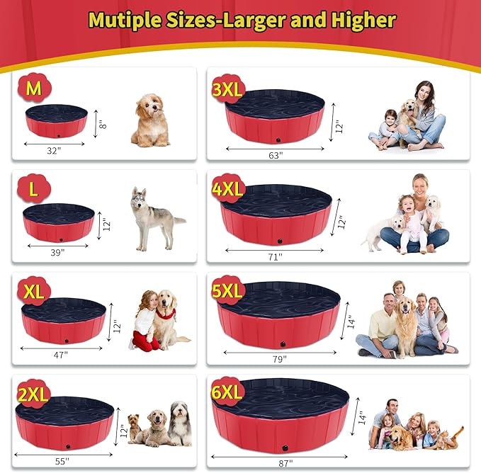 CACSPS Foldable Dog Pool, 55" x 12" Kiddie Pool with Hard Plastic, Non-Slip Dog Bath Tub for Outdoor Backyard, Collapsible Dog Swimming Pool for Kids Dogs Pets (Red)