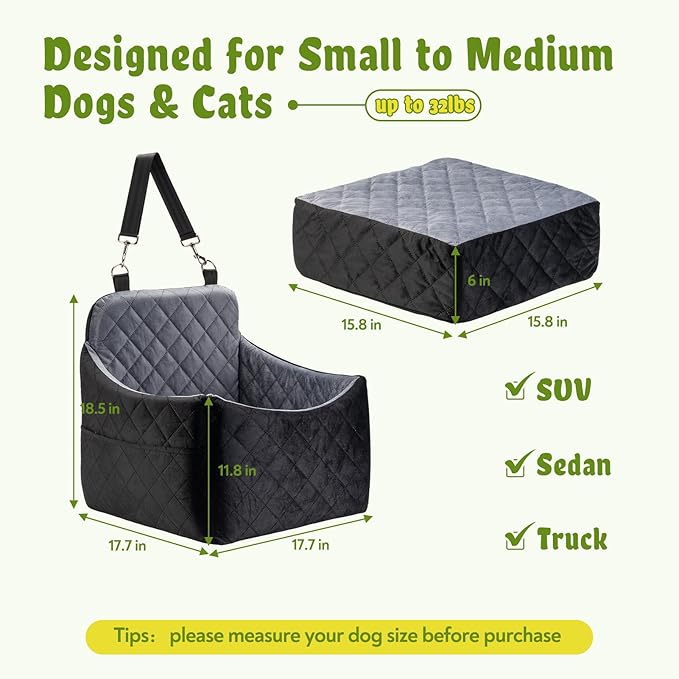 Dog Car Seat for Small/Medium Dogs, Dog Booster Car Seats with Thick Cushion for Dogs Under 32lbs, Detachable Washable Cover, 2 Safety Belts & Storage Pockets
