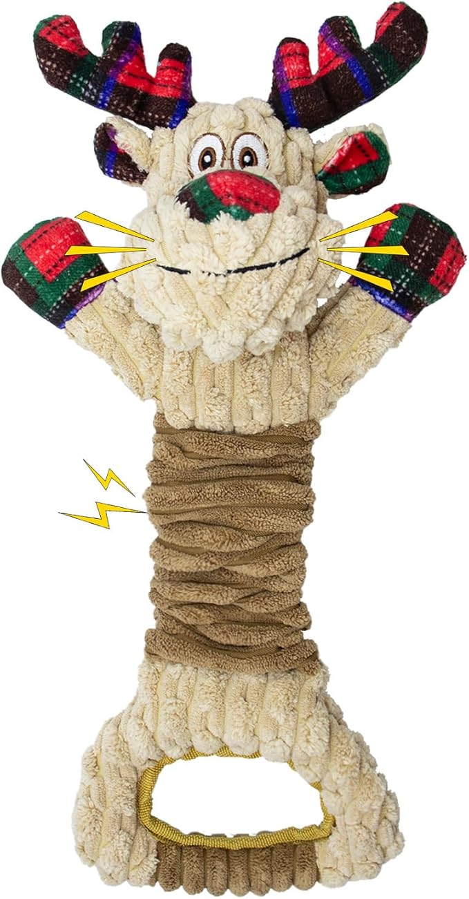 Dog Toys Squeaky Interactive Puppy Teething Chew Toy Deer Shape with Crinkle Sound Paper Tail Stuffed PP Cotton,Keep Them Busy, for Large Medium Small Breeds Indoor Play