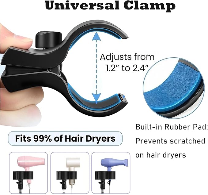Hair Dryer Stand, Hair Dryer Holder with Tripod, Hands-free, Adjustable Height 30.3‑64.4in, Stable, Universal Metal Clip Fits 99% of Blow Dryers, Foldable & Portable for Home, Salon, or Travel