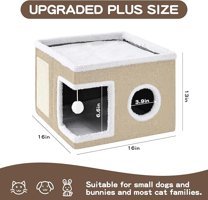 Cat Beds for Indoor Cats Houses, Large Cat Cave with Fluffy Ball and Scratch Pad, Foldable Cat House with Hideaway Tent for Kitten, 16x16x13inch, Khaki