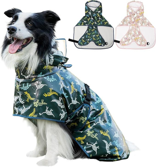 Dog Raincoat, Waterproof Windproof Dog Rain Jacket with Hood, Rain Coat with Leash Hole, Adjustable Raincoat Poncho for Small Medium Large Dogs Outdoor (Green, M-)