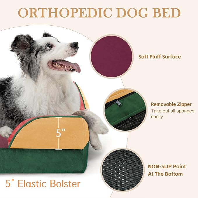 Comfort Expression Orthopedic Dog Bed for Extra Large Dogs 45x35 Inch, Waterproof Egg Crate Foam XL Pet Bed with Bolsters, Dog Couch with Washable Cover & Non-Slip Bottom, Watermelon Meadow