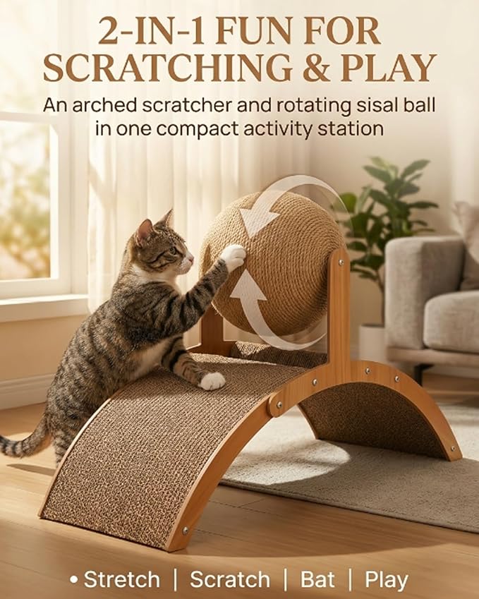 Wobble Ball Cat Scratcher, 2 in 1 Wood Interactive Cat Arch Scratching Ball on Stand with Arched Bridge and 360° Rotating Hanging Sisal Balls for Indoor Cats Kittens(Small)
