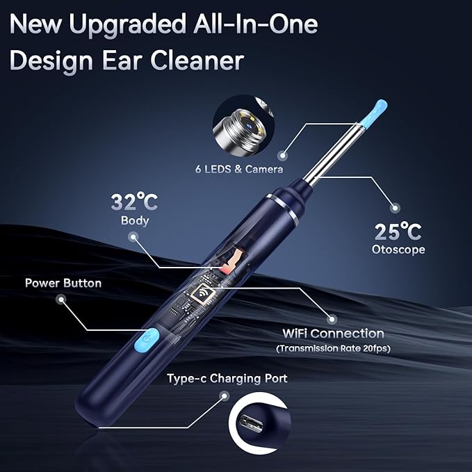 Tomaje Ear Wax Removal Tool Camera, Ear Cleaner with Camera, 1080P HD Ear Camera and 6 LED Light, Ear Wax Removal Kit with 6 Ear Pick, 6 Pcs Ear Set, Ear Camera Wax Removal for iOS & Android, Blue