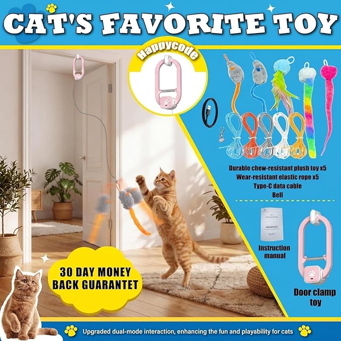 Rechargeable Electric Cat Teaser – Interactive Door Clip Teaser for Cats, 2 Motion Modes (360° Spin & Irregular Jumping), Smart Auto Cat Toy for Exercise & Fun (No Remote)(Pink)