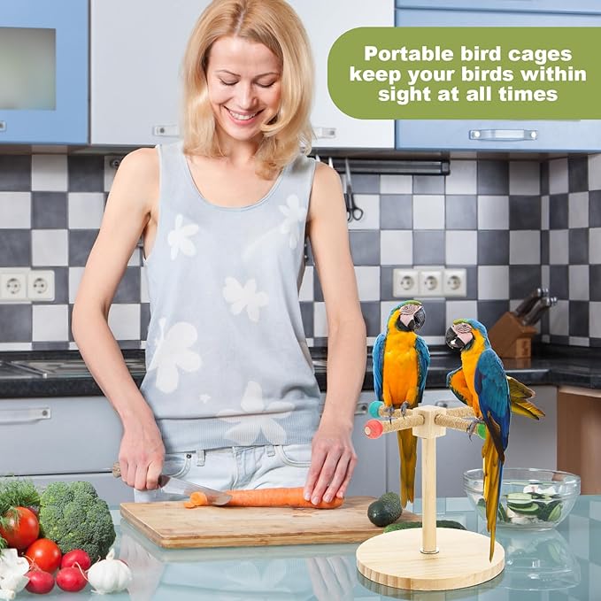 3 Pcs Bird Training Stand Kit, Parrot Training Clicker Portable Tabletop Bird Perch and Target Stick, Wooden Spin Perch Clickers with Wrist Strap for Parakeet Conure Lovebird Cockatiel (Spin)
