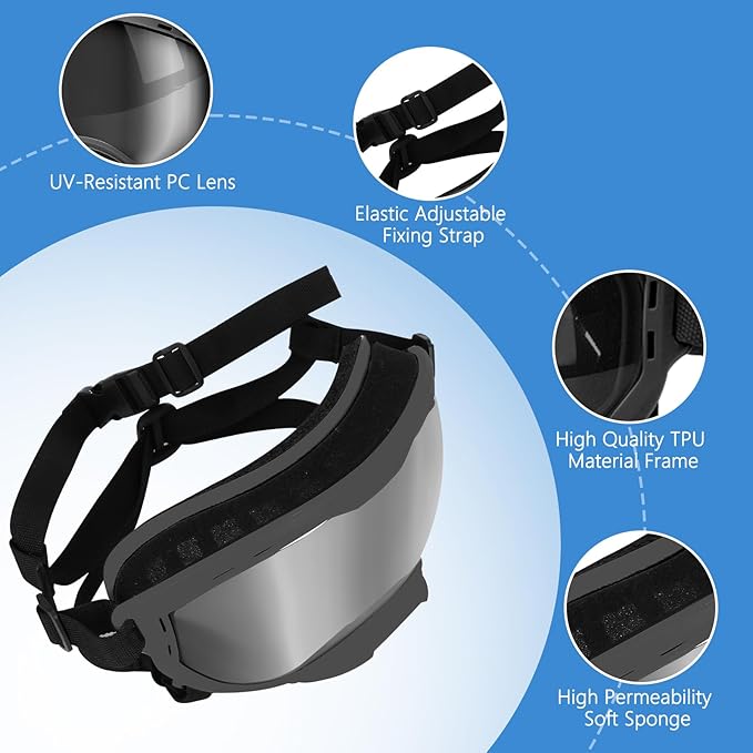 Dog Goggles for Medium to Large Breeds, UV Protection Dog Sunglasses with PC Lens, Soft TPU Frame and Adjustable Straps, Windproof Dustproof Anti-Fog Pet Eyewear for Outdoor Activities (Black Frame)