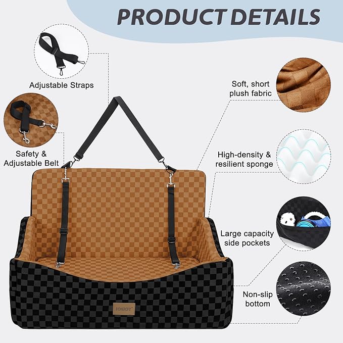 JOEJOY Dog Car Seat for Medium/Large Dogs - Reversible Dual-Sided Travel Dog Car Bed with Memory Foam, Washable Pet Booster Seat for Do gs up to 55 lbs or 2 Small Dogs, 2 Safety Leashes, Brown