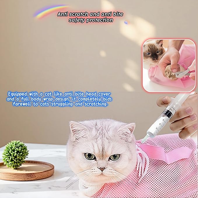 Cat Grooming Restraint Bag with Adjustable Drawstrings, Pink Mesh Bath Bag for Bathing, Nail Trimming, Ear Cleaning, Breathable Polyester with Zipper Design and Handheld Design (Pink)