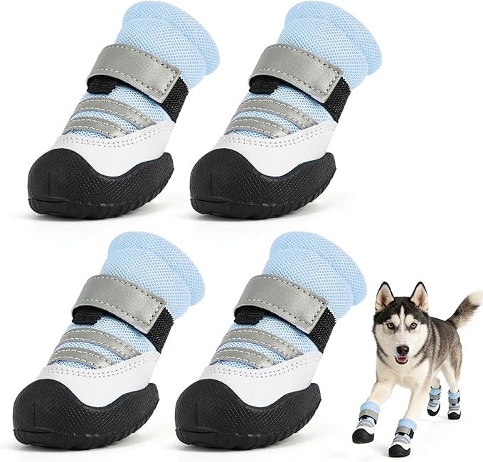 Dog Boots, Waterproof Dog Shoes with Reflective Straps, Rugged Anti-Slip Sole Paw Protectors for Medium Large Dogs, Breathable Pet Booties for Hot Pavement, Snow, Hiking, 4Pcs