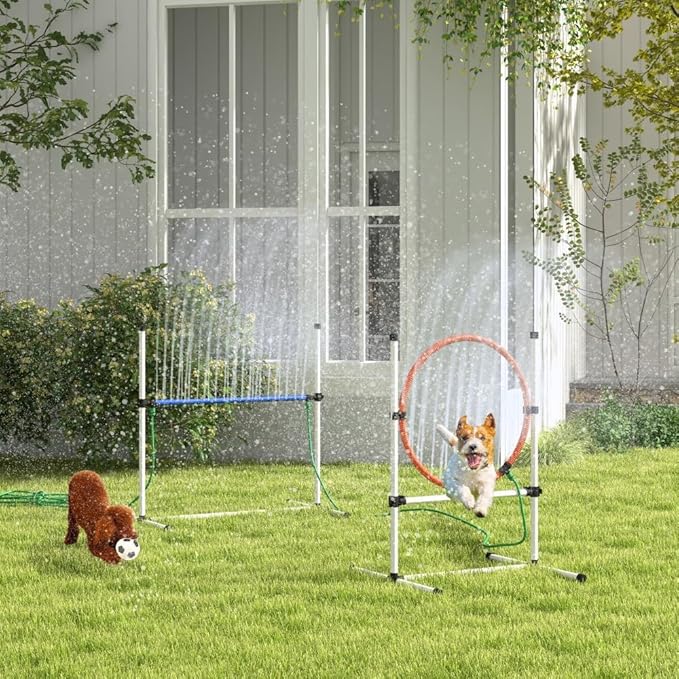 3 Piece Dog Agility Training Equipment Set with Adjustable Height Jumping Ring and Hurdle, Spray Water Tube, Carry Bag, Whistle, Dog Obstacle Course for Outdoor,Park,Backyard,Garden (White, 3 Piece)