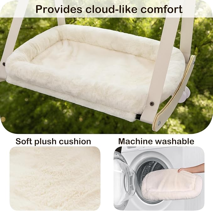 Cat Window Perch, Cat Hammock for Window with 4 Strong Suction Cups - Easy Assembly, Solid Wood Frame with Large Cats Bed - Supports Up to 40lbs for Indoor Cats Beige