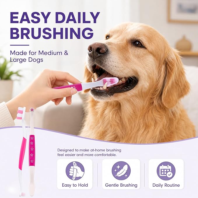 Dog Toothbrush – Newly Upgraded Dual-Head Design with 60° Wavy Bristles – Gently Surrounds Teeth for Deep Cleaning and Plaque Removal – Non-Slip Handle, Ideal for Daily Pet Dental Care (Pink, 2-Pack)