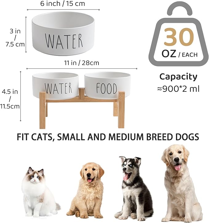 Elevated Ceramic Dog Bowls Set - Food & Water Lettering Raised Dog Bowl with Non-Slip Bamboo Stand for Small and Medium Dogs, Weighted Dogs Dishes Pet Bowls (6 inch, 2 * 30oz, White)