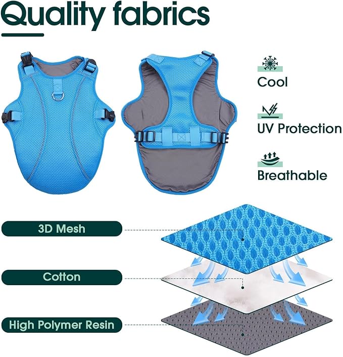 Kuoser Dog Cooling Vest for Large Dogs, Lightweight Doggie Cooler Jacket Breathable Mesh Pet Cooling Shirts Reflective Puppy Cool Harness for Beach, Hiking, Walking Blue XXL