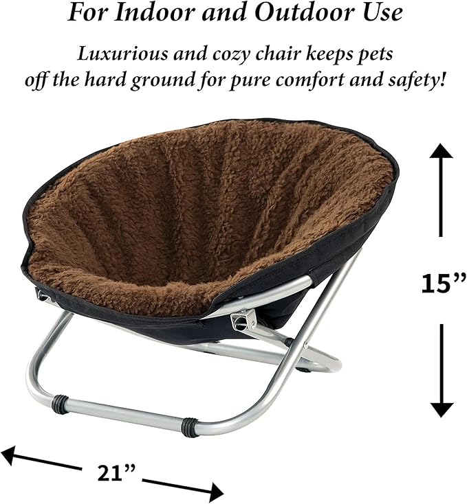 Etna Folding Pet Cozy Chair - Portable Round Fold Out Elevated Cat Bed - Brown Fleece Top Cushion - Papasan Chair for Small Dogs