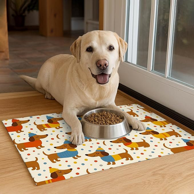 HOMETITUTE Adorable Dachshund Puppy Pet Food Mat with Colorful Polka Dot Pattern Pet Bowl Mat for Dogs and Cats Non Slip Feeding Mats Easy Clean Fast Dry Cat and Dog Feedings Mats 20" x 12"