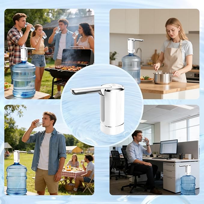Water Dispenser Pump for 5 Gallon Water Bottles, USB Type-C Rechargeable with 1200mAh Battery, Foldable Spout, One-Touch Control (40s/80s), Powerful Suction for Home, Office, Camping - White