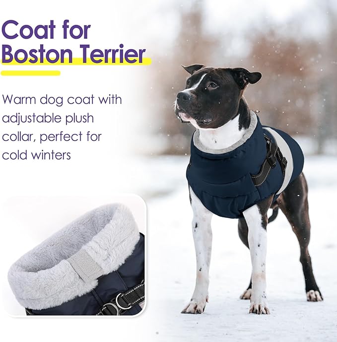 Small Dog Coat with Harness Built in, Warm Dog Jacket Winter with Zipper On Back, Waterproof Pet Snow Jacket Snowsuit Pet Sweater Clothes for Puppy, Blue XS