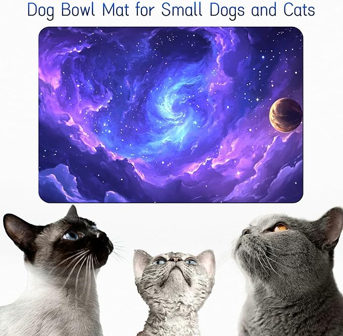 Dog Food Mat, 15.7" x 23.6" Absorbent Pet Feeding Mat for Food and Water, Waterproof Diatom Mud Pet Placemat with Non-Slip Rubber Backing, Cat Bowl Mat for Floors - Purple Starry Sky