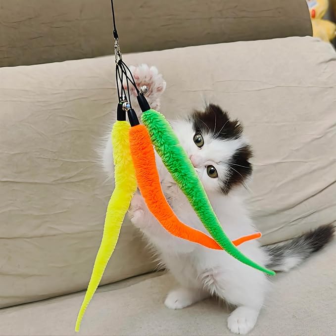 miwoowim 11 PCS Cat Wand Toy Refills - 10 Fuzzy Worm Attachments with Bells & 1 Replacement String with Clasp, Interactive Teaser Toys for Indoor Cats(10 Worms Refill)