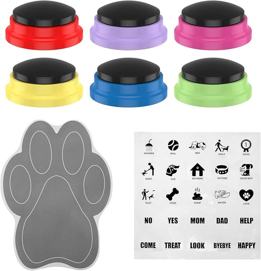 6 Pcs Dog Buttons for Communication, Talking Buttons for Dogs, Recordable Sound Buttons with Dog Button Mat and Scene Stickers, 30 Seconds Dog Buttons for Pet Sound Training Toy