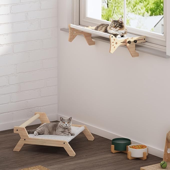 HOOBRO Cat Perch for Window Sill with Bolster, Window Hammock with Soft Plush, Hammock Seat Set of 2 for Indoor Use, Cat Beds for Window and Floor, Natural NL44CS03