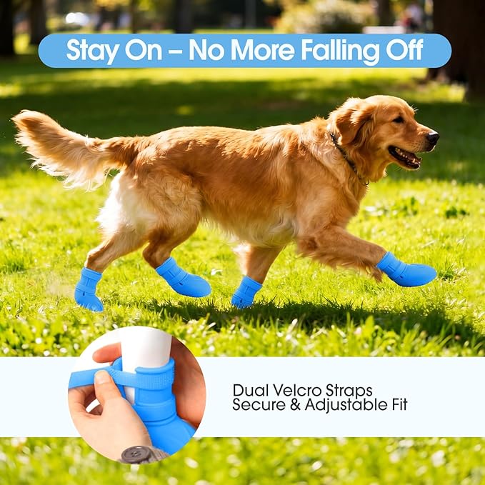 Dog Rain Boots Waterproof, 4PCS Dogs Shoes Non Slip Dog Boots & Paw Protectors, Easy On Rubber Doggie Booties Pet Shoes for Hot Pavement Snow Rain, Dog Rainboots for Small Medium Large Dogs, Blue L