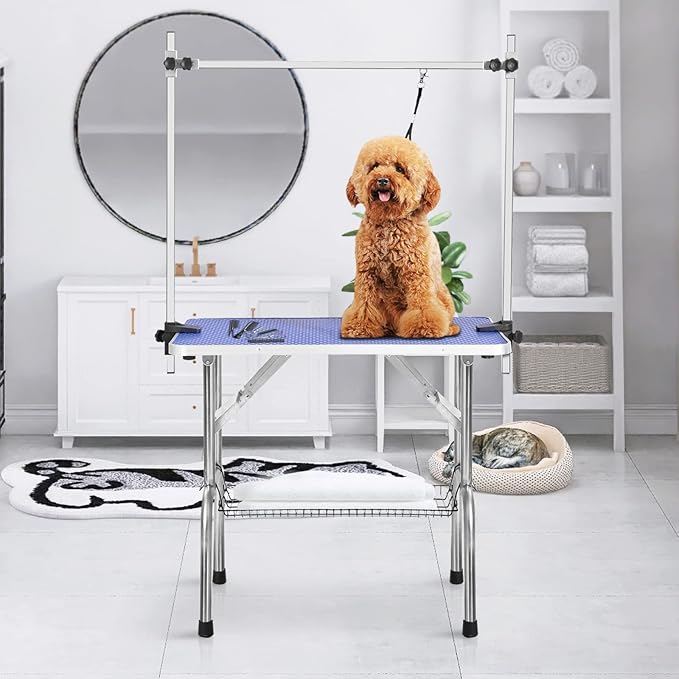 42 Inch Professional Adjustable Pet Grooming Table Heavy Duty with Arm Noose & Mesh Tray for Dog Cat Shower Table Maximum Capacity Up to 265Lb, Blue