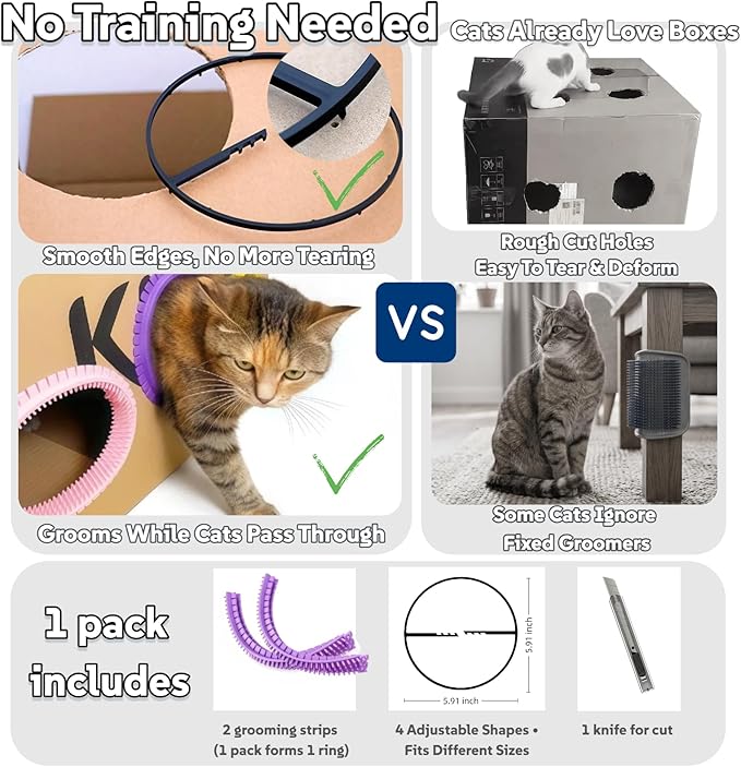 Cat Self Groomer Arch for Cardboard Boxes, DIY Cat Tunnel Brush & Massage Comb for Indoor Cats, Interactive Self Grooming Toy for Cat Cave, Hideouts & Enrichment Play (Lavender)