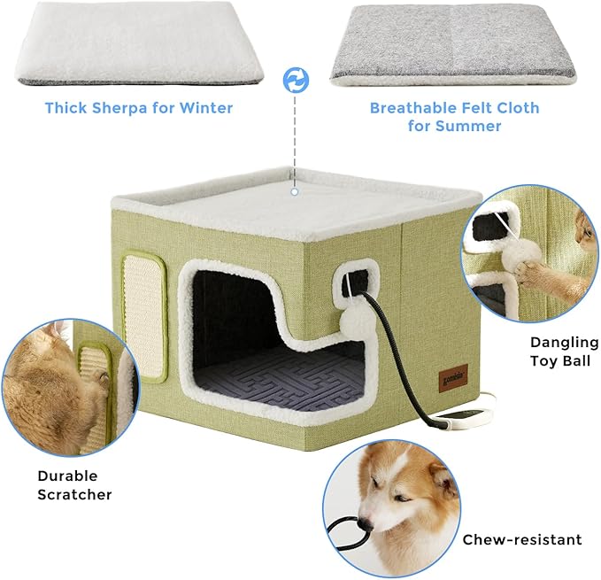 ZOMISIA Heated Cat House for Indoor Cats - Cat Warming Bed for Winter with Fluffy Ball Hanging and Adjustable Heating Pad, Foldable Cat Hideaway,16.5x16.5x13 inches, Green