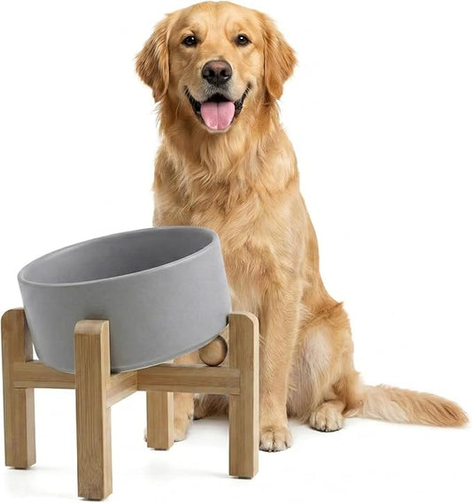 hjn Elevated Ceramic Dog Bowl 15°Slanted Raised Dog Bowl with Bamboo Stand for Small Medium Dogs and Cats, Pet Feeder -7.6-Cup (1800ml)-Gray