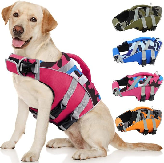 Kuoser Dog Life Jacket with Reflective Stripes, Dog Life Vest for Swimming Boating, Adjustable Pet Lifejackets with High Flotation, Doggie Swimsuit for Small Medium Large Dogs