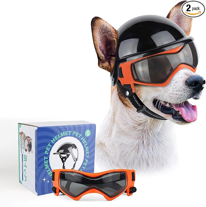 Dog Goggles for Small Dogs with Helmet, 2PCS Doggy Sunglasses and Pet Motorcycle Helmet Set for Small Medium Breed Outdoor Driving Walking, Orange