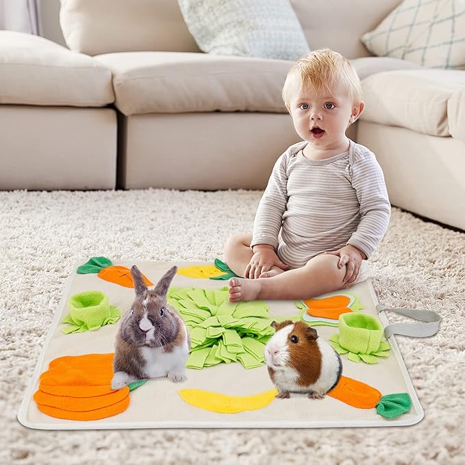 24''x24'' Rabbit Foraging Mat with Handle Pet Snuffle Mat Interactive Feed Game Treat Dispenser for Dogs Rabbits Bunny Guinea Pigs Ferrets Chinchillas, Beige