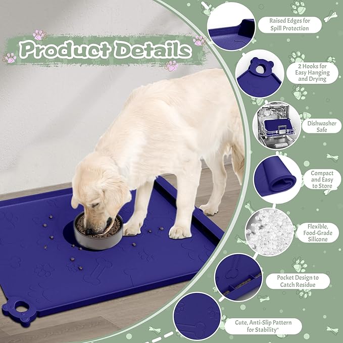 Dog Food Mat, Silicone Dog Mat for Food and Water -Pet Feeding Mats with Residue Collection Pocket, Waterproof Dog Cat Bowl Mats with Raised Edges and Hooks, Placemats for Cats and Dogs Water Bowl
