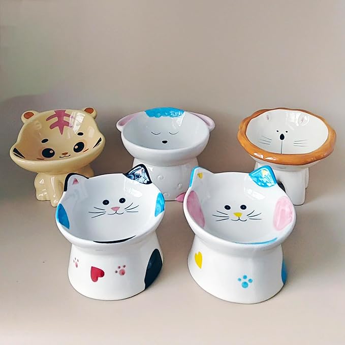 Lion Themed Tilted Ceramic Pet Bowl - High-Raised Cat/Dog Dish, 15° Anti-Regurgitation, 120g Large Capacity
