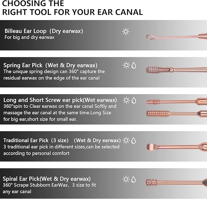 Hion 6 Pcs Ear Wax Removal Kit,Professional Double-Headed Ear Pick Earwax Removal Tools,316L Stainless Steel Ear Cleaner Curette with Cleaning Brush and Storage Box,Suit for Kid Adult(Rose Gold)