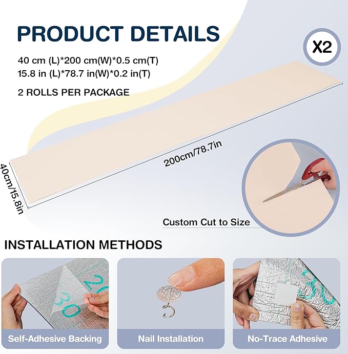 157.5" x 15.8" Cat Scratch Furniture Protector, Self-Adhesive Couch Protector from Cat Claws, Cats Scratching Mat for Sofa, Wall & Door, DIY Cat Scratch Pads Replacement, 2 Pack (Off White)