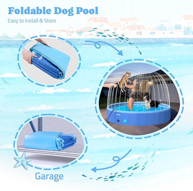 Pawtners 79" Foldable Dog Pool with Sprinkler & RGB LED Light, Collapsible Hard Plastic Swimming Pool for Small Large Dogs Cats and Kids, Portable Pet Bathing Tub Wading Pool for Backyard Camping Blue